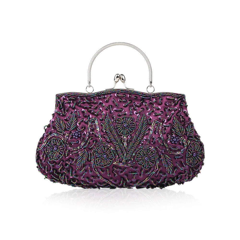 Women's Handbag Floral Designer Evening Bag Beaded Sequin Design Vintage Kissing Lock Satin Purse Bag Wedding Party Clutch Bags - Just The Fly Way