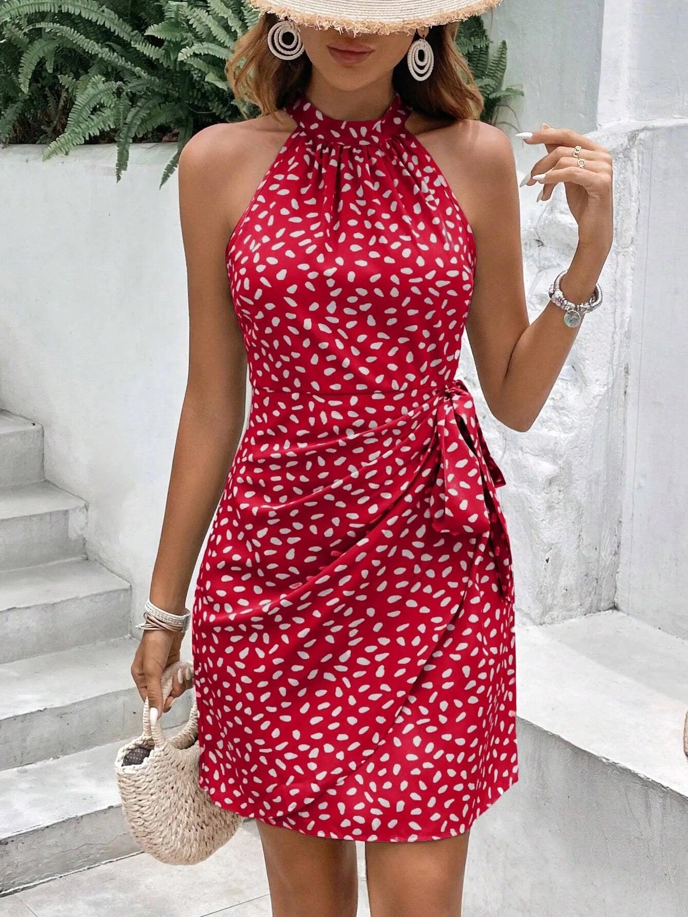 Women's Halter Neckline, Wrap Body, Sleeveless Dress with Floral Print - Just The Fly Way