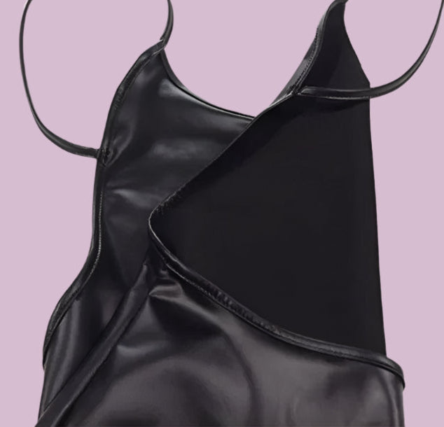 Faux Leather, Backless, Mini Dress With Push-up Bra, Solid Black - Just The Fly Way