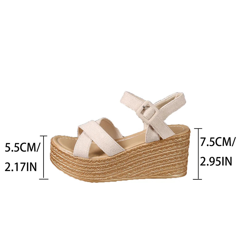 Beige wedge sandal with measurements on a white background