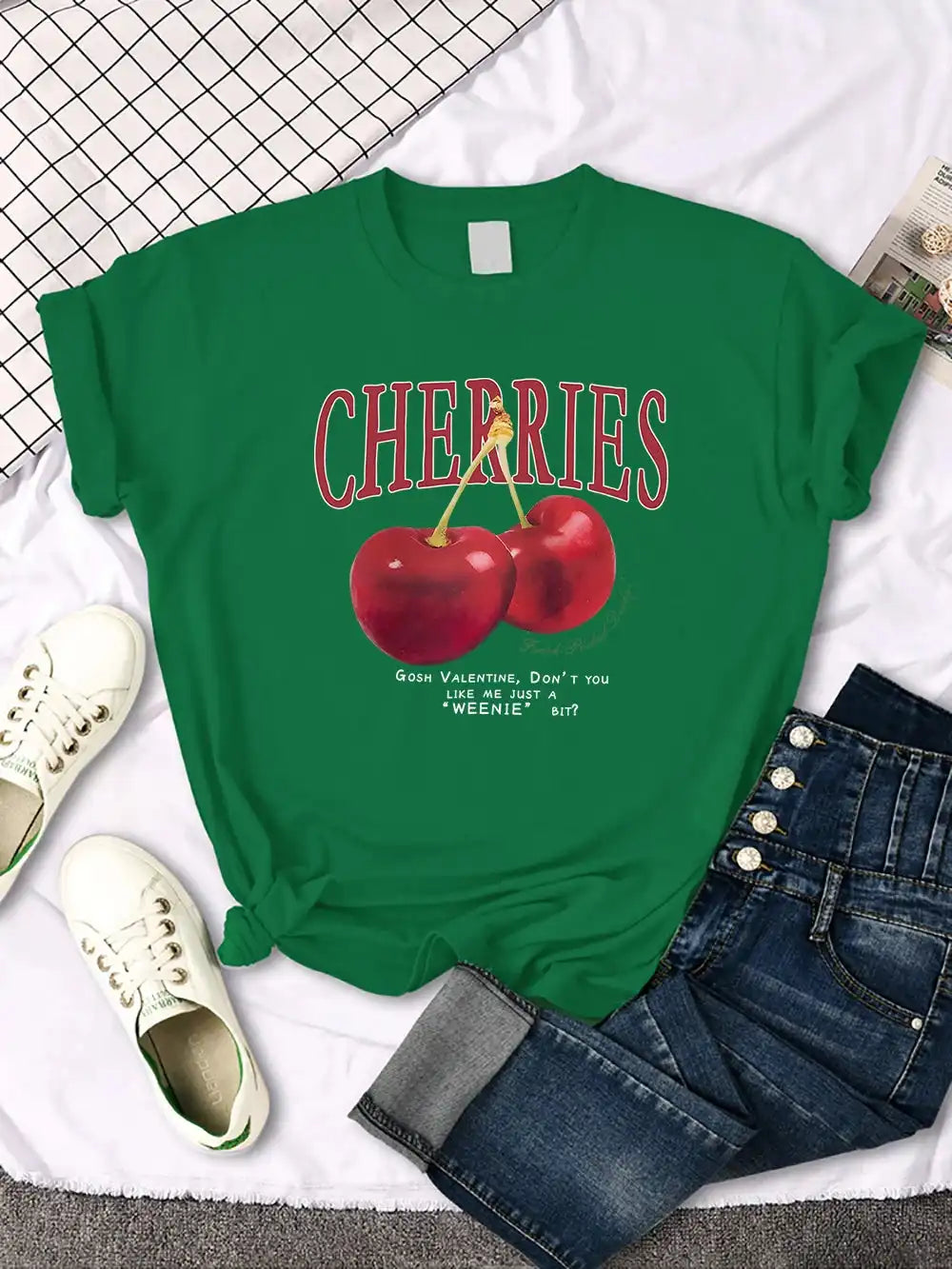 Comfortable Women's Cherry T-Shirt | Trendy Cherry and Letter Pattern Tees - Just The Fly Way