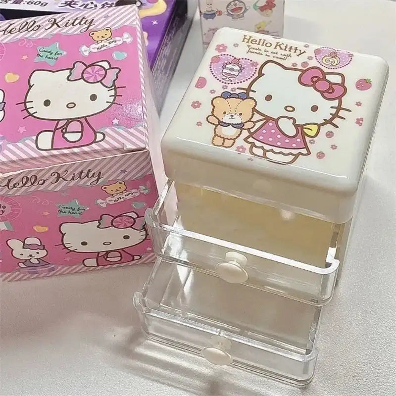 Sanrio Hello Kitty Desktop Storage Box Double Drawer Jewelry Storage Box Cartoon Kitty Cat Mini Sundries Finishing Boxes Gift