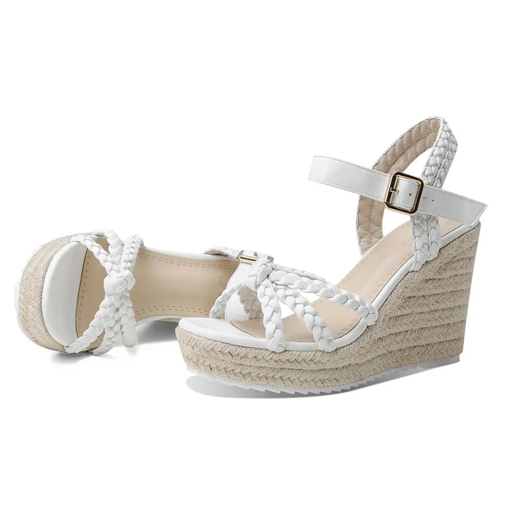GIGIFOX Straw Woven High Wedges Heel Waterproof Platform Women High-heeled Sandals Round Toe ThicK Buckle Strap Bohemia Shoes - Just The Fly Way