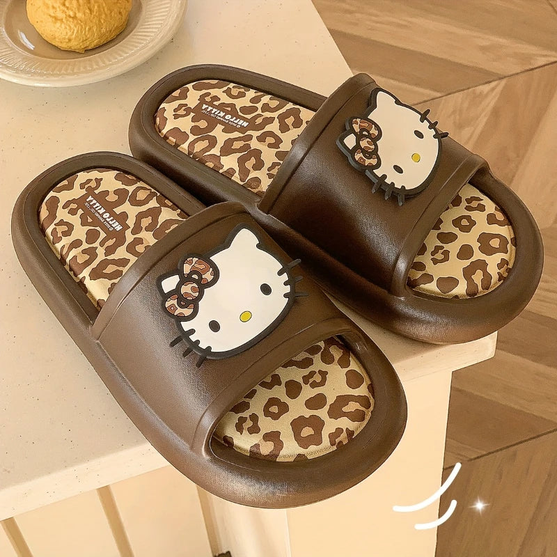 Miniso Hello Kitty Cute Leopard Print Slippers Trendy Open-Toe Slide Sandals in Chic Two-Tone Design Comfortable EVA Material