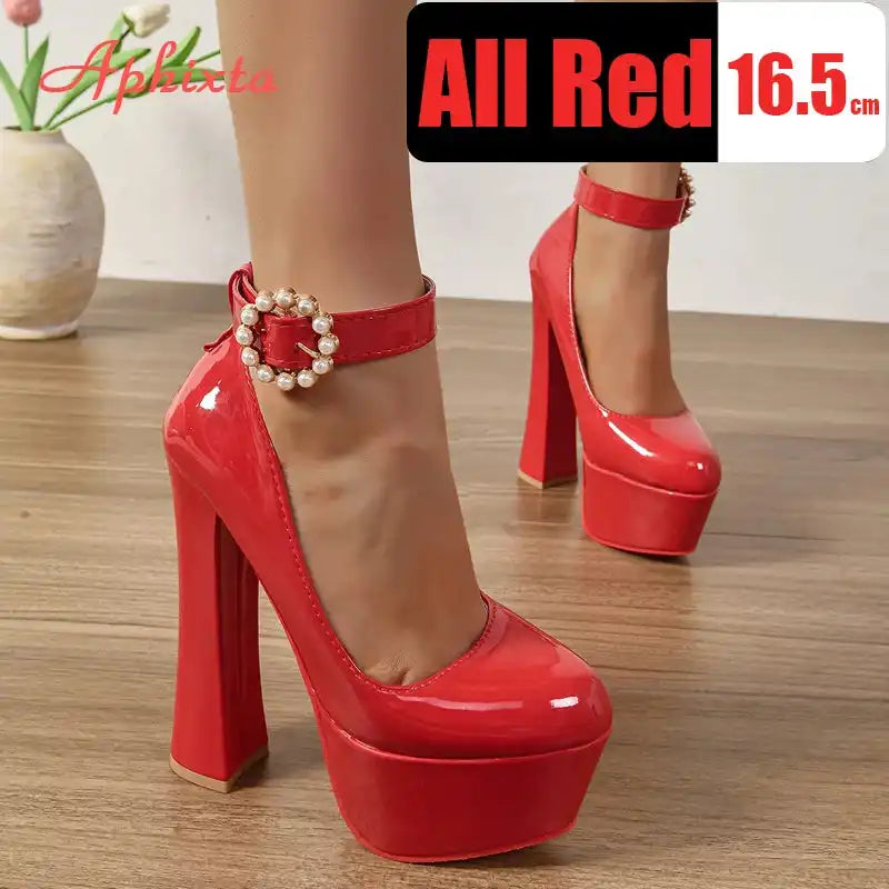 Aphixta Pearl Buckle Round Toe Pumps 5.5cm Platform Chunky Heels Shoes Black/Red Women's Fashion High Heel