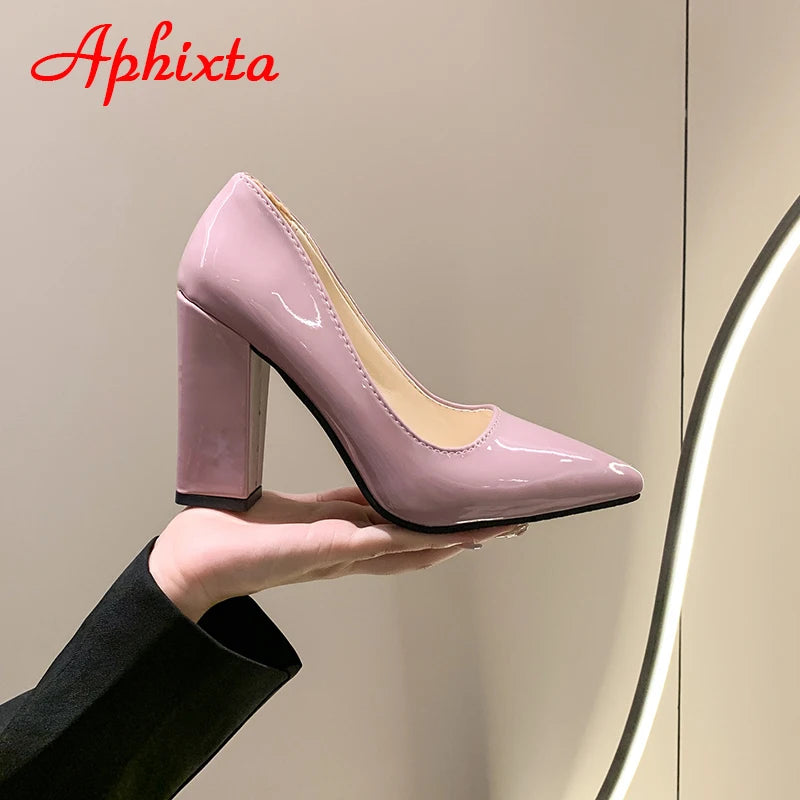 Women's Patent Leather 10cm Square Heel Shoes by Aphixta - Extended Sizes 31-50