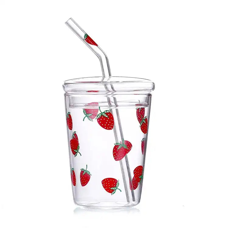 Cute Heat Resistant Strawberry Glass Cups with Lid and Straw - Perfect for Drinks! - Just The Fly Way