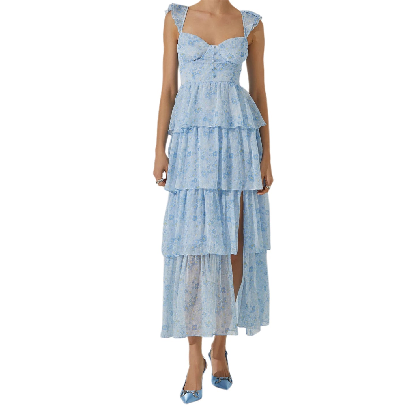 Elegant Off-Shoulder Maxi Dress with Delicate Floral Print and Flowy Ruffled Layers Perfect for Spring and Summer Events - Just The Fly Way