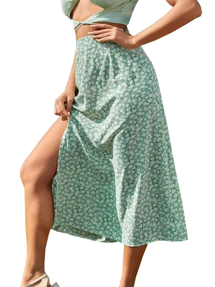 Women s Floral Print Midi Skirts Mid Waist Side Slit Skirts Spring Summer Fashion Casual A-line Skirts - Just The Fly Way