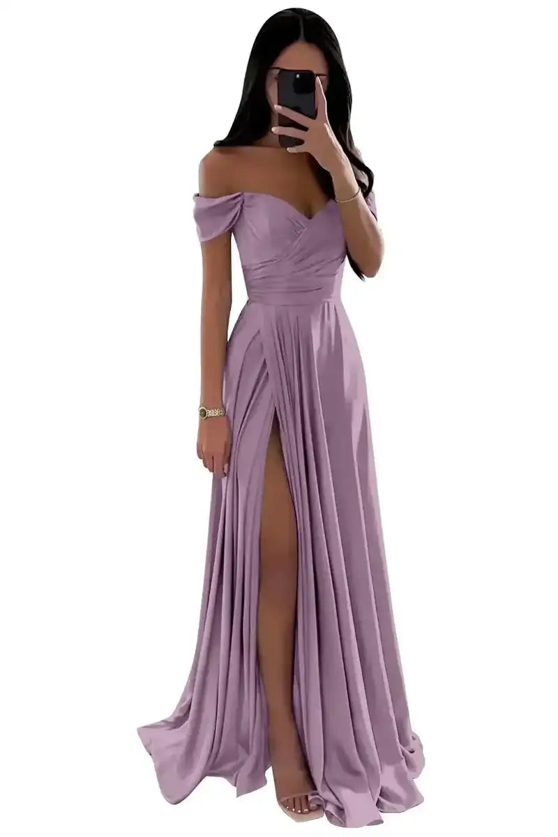 Elegant Women’s Off-the-Shoulder A-Line Evening Gown: Customized Slit Long Pleated Satin Dress
