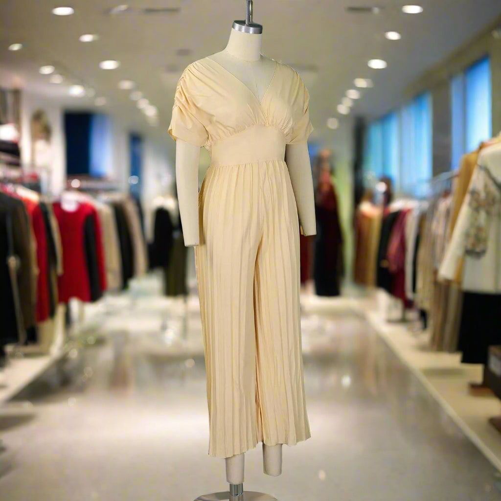 Elegant V-neck Solid Color Fashion Pleated Wide leg Jumpsuit, Pants Romper - Just The Fly Way