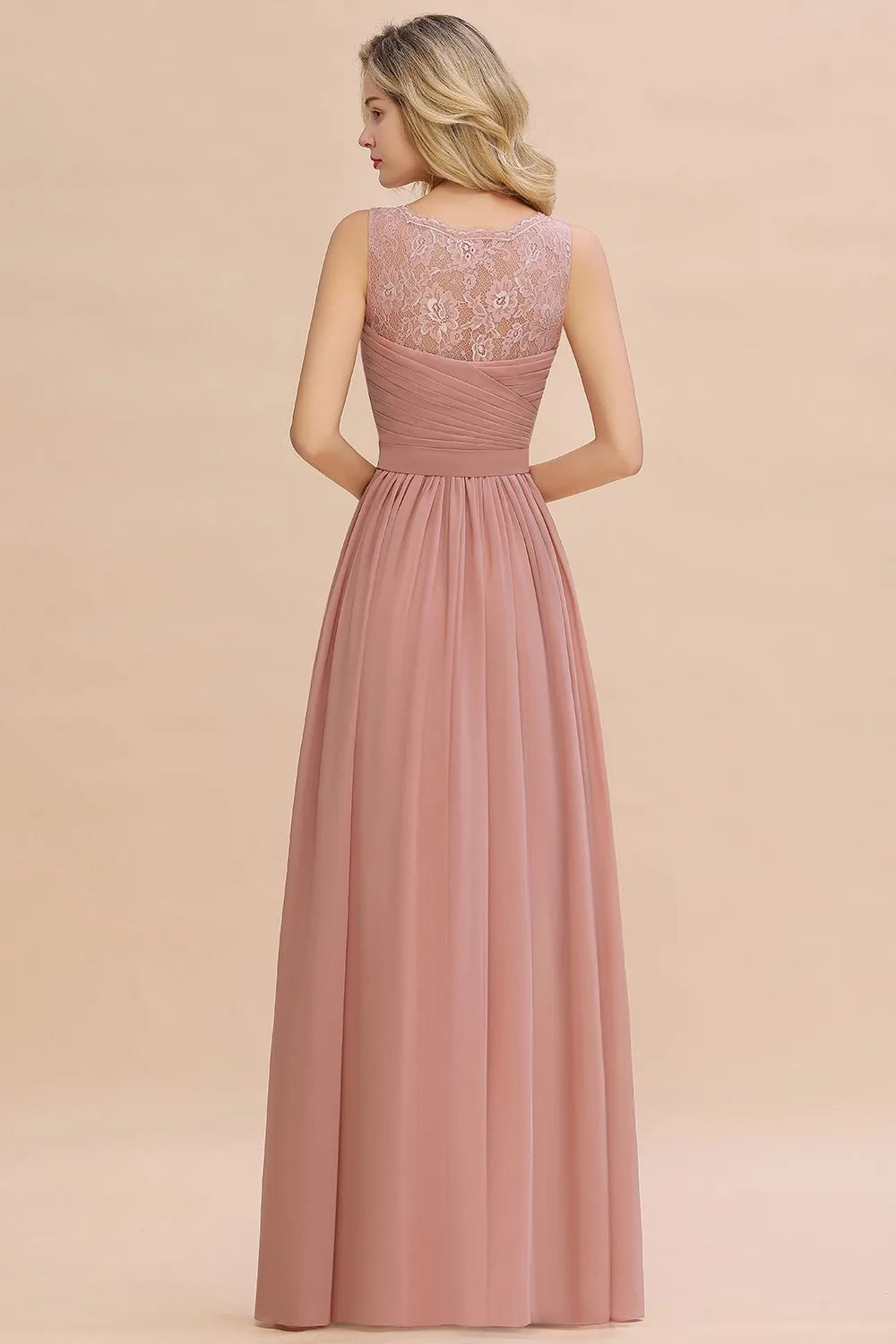 BABYONLINE Elegant Bridesmaid Dress Pleated Bodice See-through Lace Cap Sleeves Maxi Flowy A-Line Skirt Wedding Party Gown Women