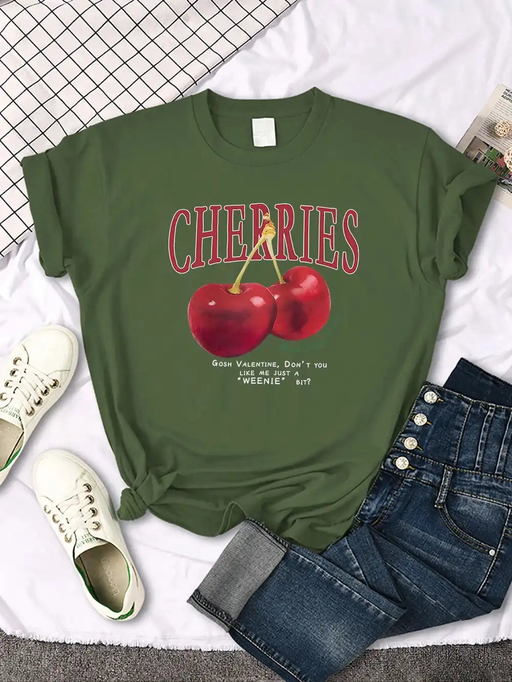 Comfortable Women's Cherry T-Shirt | Trendy Cherry and Letter Pattern Tees - Just The Fly Way