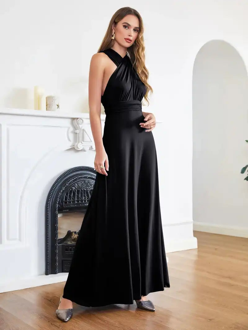 Bridesmaid Dress - Convertible Gown in black with halter neckline and sleeveless design. Floor-length multiway wrap style ideal for formal events.
