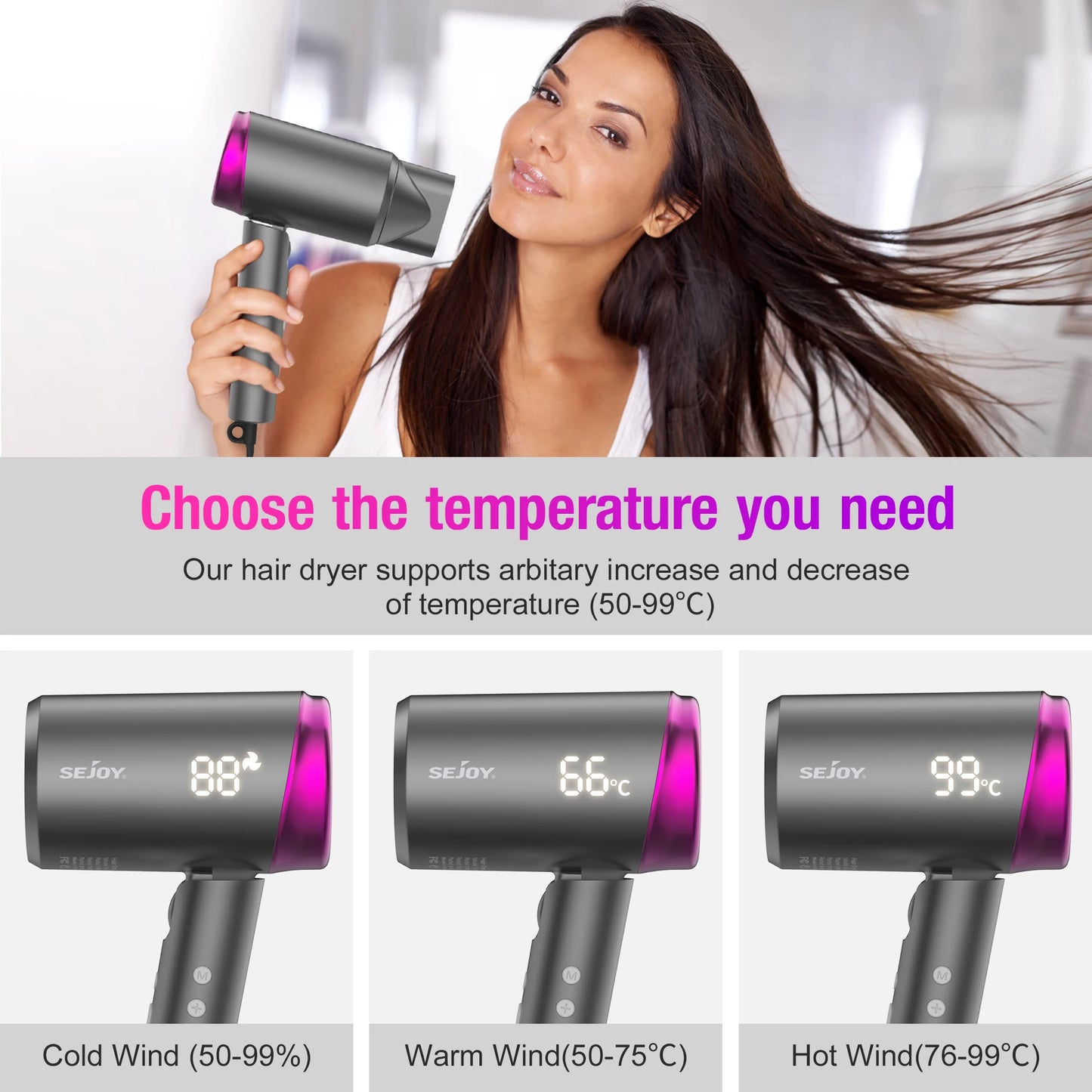 Hair Dryer with LED Display – Sejoy High Speed 1800W Compact Negative Ion Blow Dryer for Fast, Smooth Drying and Travel-Friendly Design - Just The Fly Way