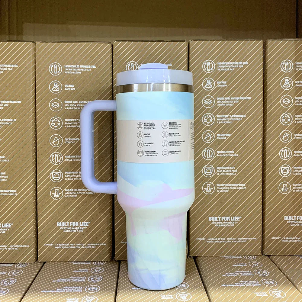 40oz Handle Straw Vacuum Insulated Car Mug Star Blue Lid Stainless Steel Double Wall Thermal Iced Travel Cup for s
