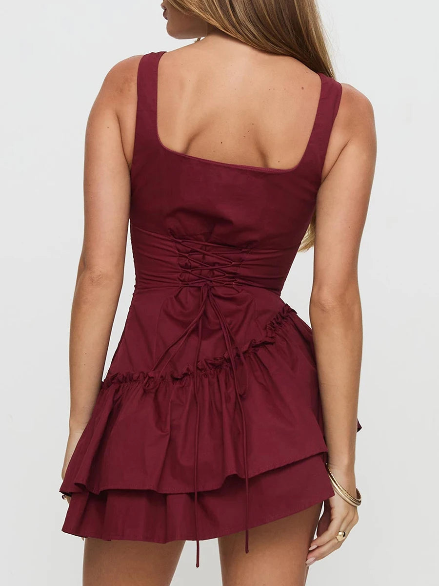 Elegant V-Neck Sleeveless Pleated Tie-Waist Solid Color A-Line Dress Women s Backless Summer Mini Slip Dress - Just The Fly Way