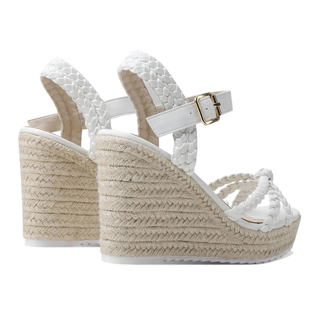 GIGIFOX Straw Woven High Wedges Heel Waterproof Platform Women High-heeled Sandals Round Toe ThicK Buckle Strap Bohemia Shoes - Just The Fly Way