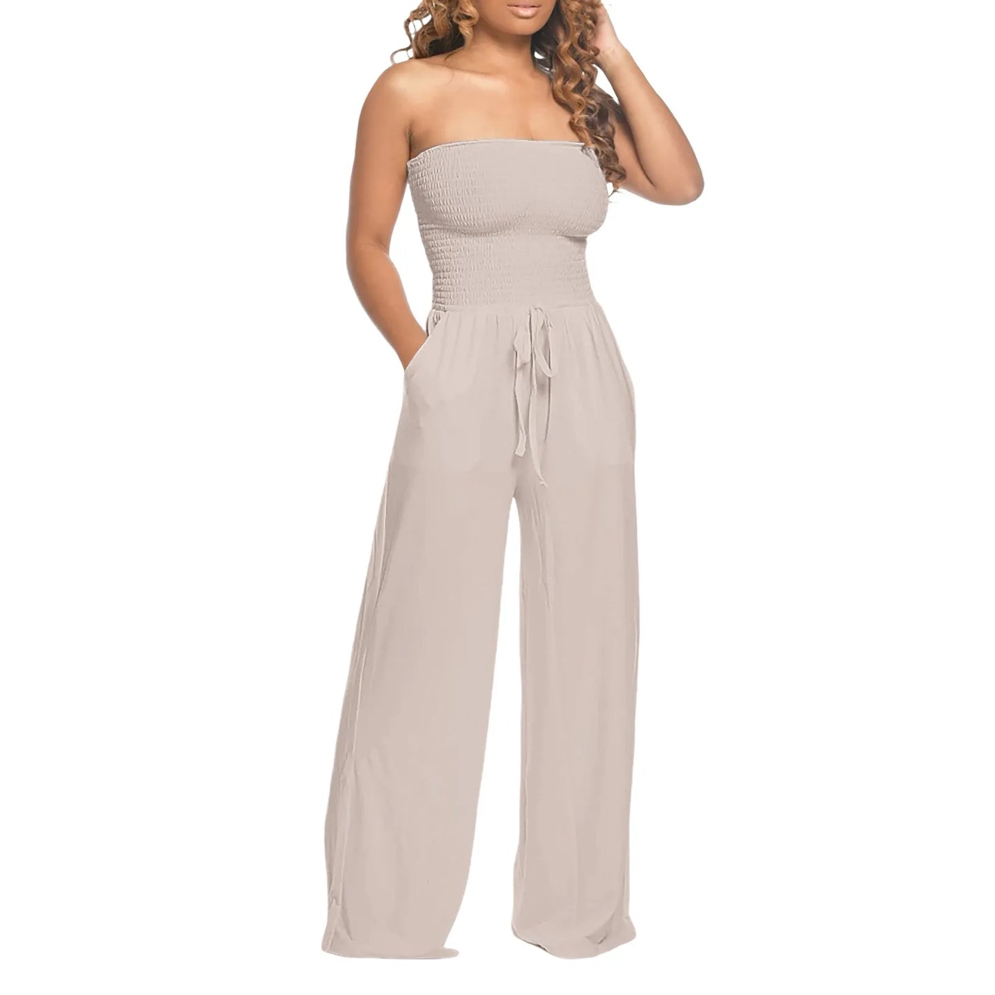 Elegant Soft Lace Jumpsuits Glitter Romper Women Solid Ruffle Lace Sleeveless Lace Up Jumpsuit Medium Length Straight Trousers - Just The Fly Way