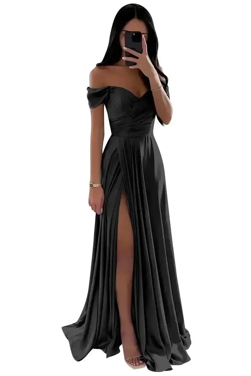 Elegant Women’s Off-the-Shoulder A-Line Evening Gown: Customized Slit Long Pleated Satin Dress