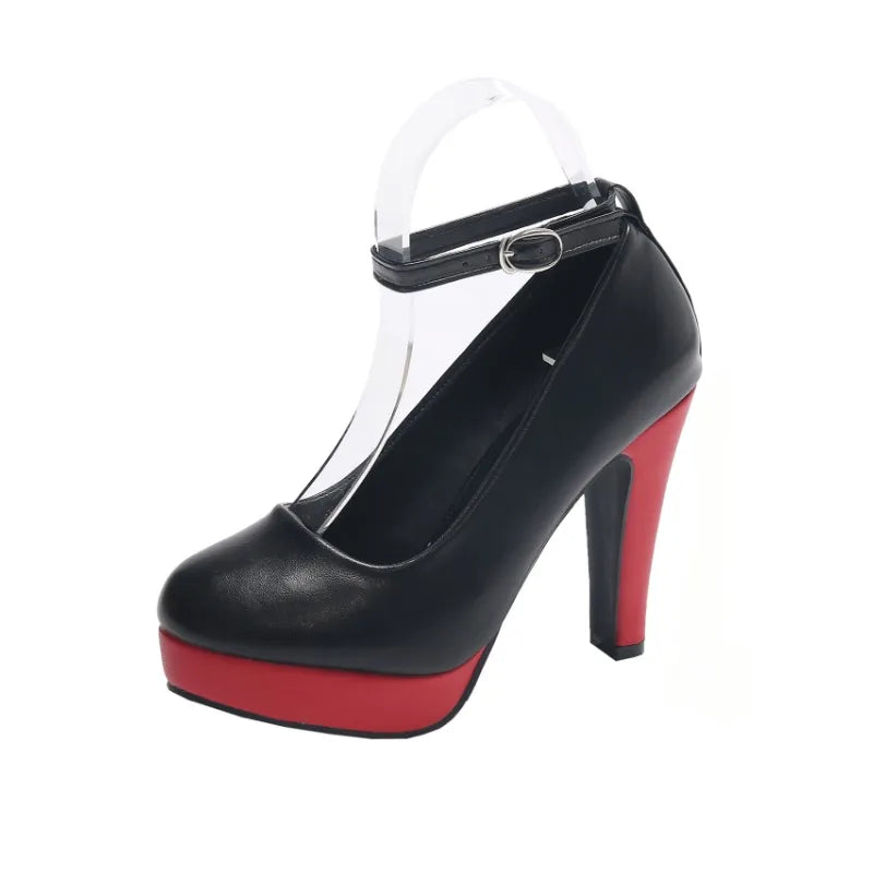 Fashionable, Bold and Beautiful DressLarge Size 42 Sexy Super High Heels Shoes for Women Ankle Buckle Chunky Platform Pumps Woman Black Flock Square Heel Party Shoes