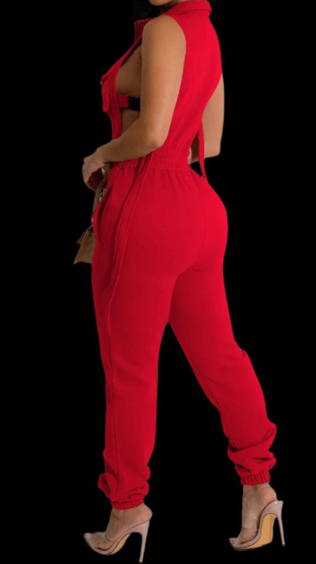 Sleek Jogger Romper With Single-breasted Front, Stylish Buckle Closure, Open Sides - Just The Fly Way