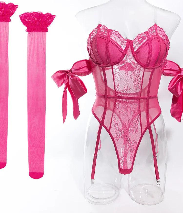 Lace Lingerie Bodysuit with Garter and Stockings - Just The Fly Way