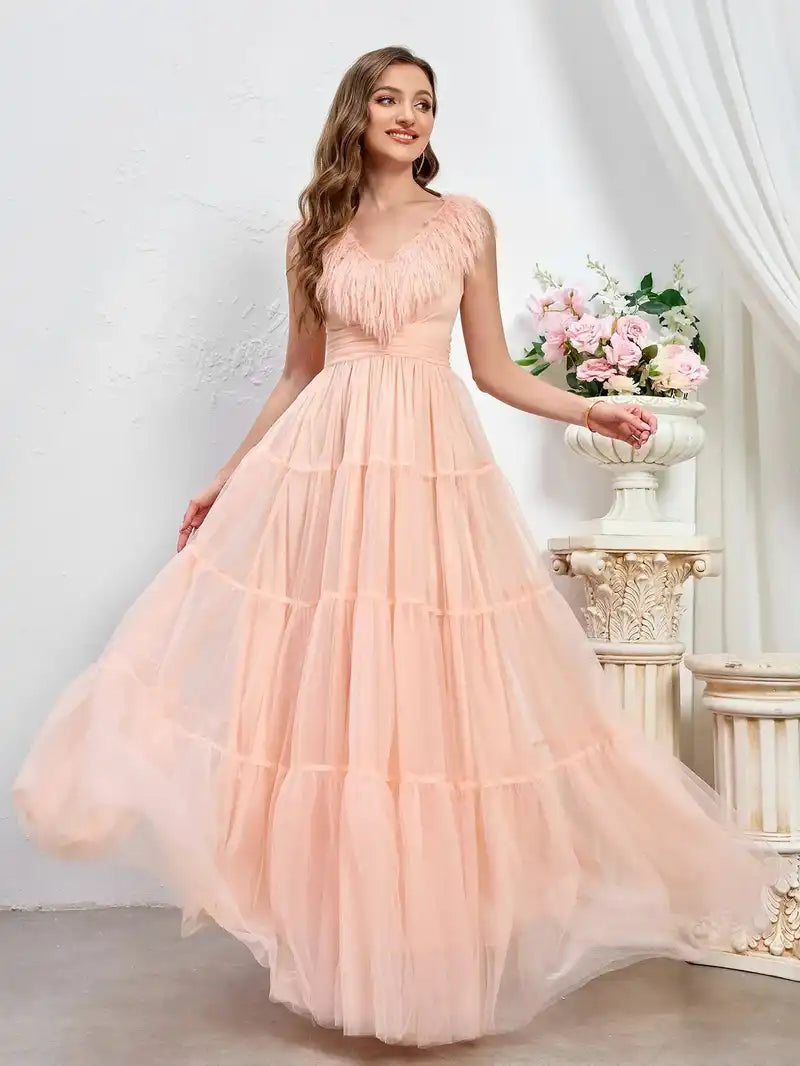 Elegant Wedding Dress Dusty Pink Ruched Backless Long Evening Party Bridesmaids Gowns Sexy Puffy Feather Sleeve Prom Dress