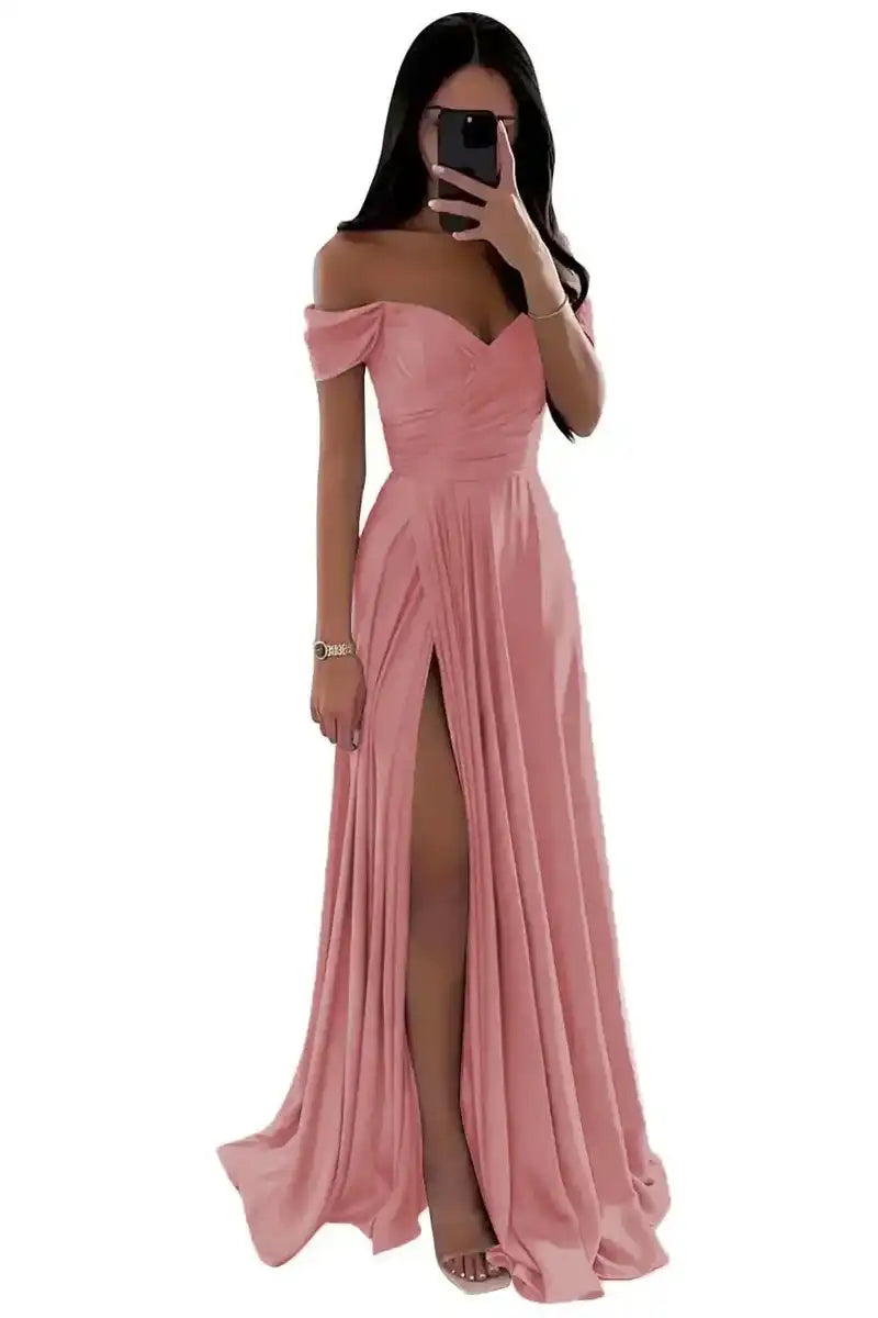 Elegant Women’s Off-the-Shoulder A-Line Evening Gown: Customized Slit Long Pleated Satin Dress