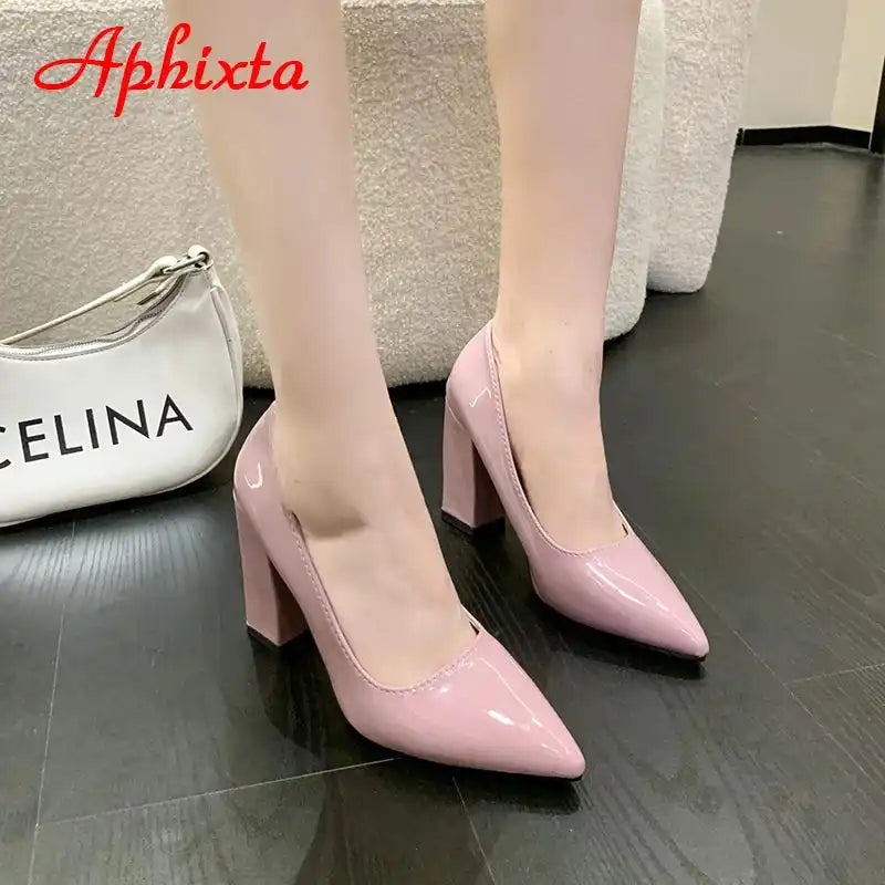 Women's Patent Leather 10cm Square Heel Shoes by Aphixta - Extended Sizes 31-50