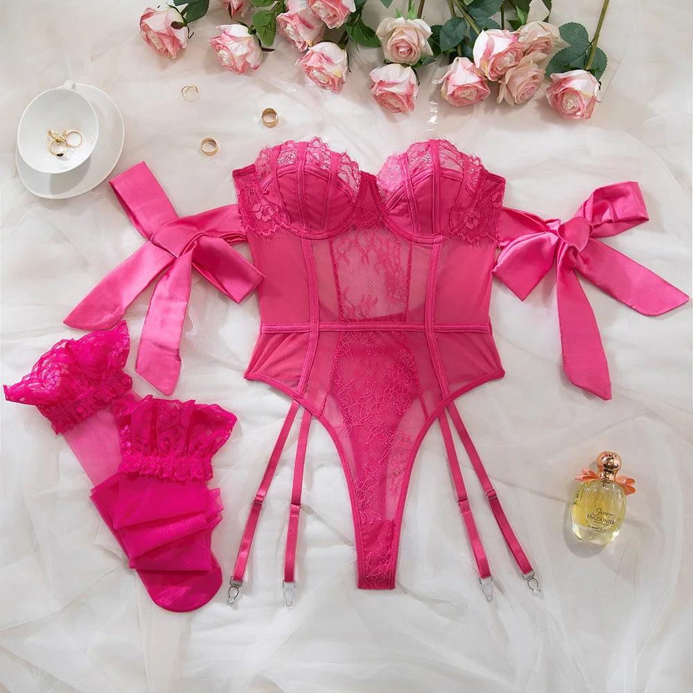 Lace Lingerie Bodysuit with Garter and Stockings - Just The Fly Way