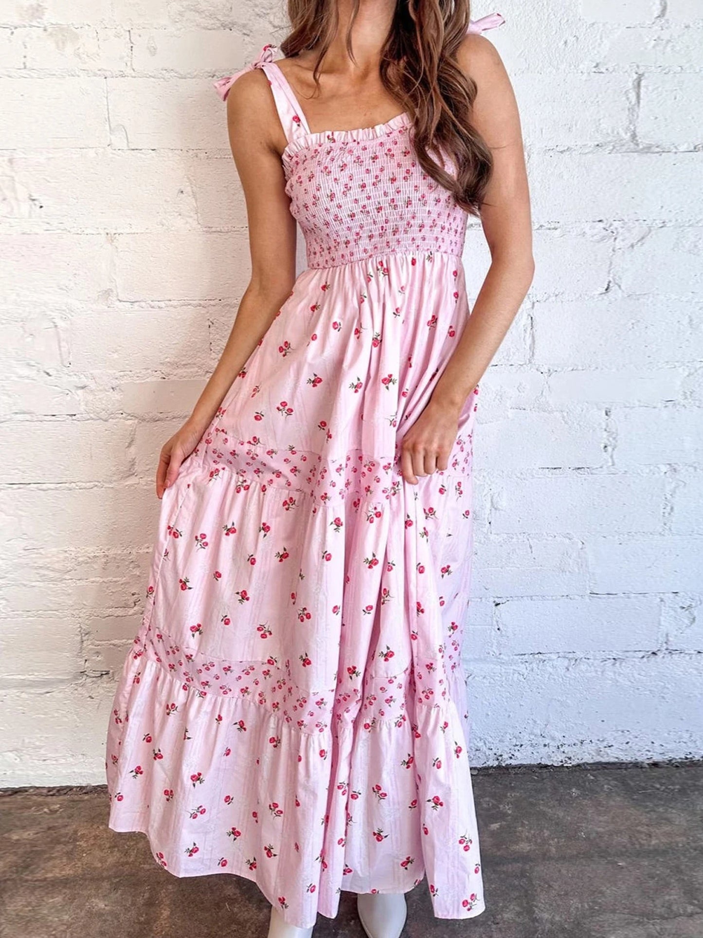 Elegant V-Neck Maxi Dress Sleeveless Floral Print Tie-Up Dress for Summer Beach Wedding Party or Daily Wear - Just The Fly Way