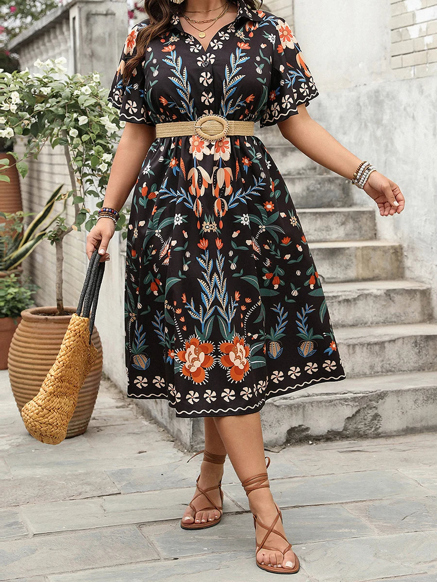 Women Plus Size V-Neck Maxi Dress Elegant Floral Print Short Sleeve Bohemian Party Dress for Summer Beach Wedding Guest - Just The Fly Way