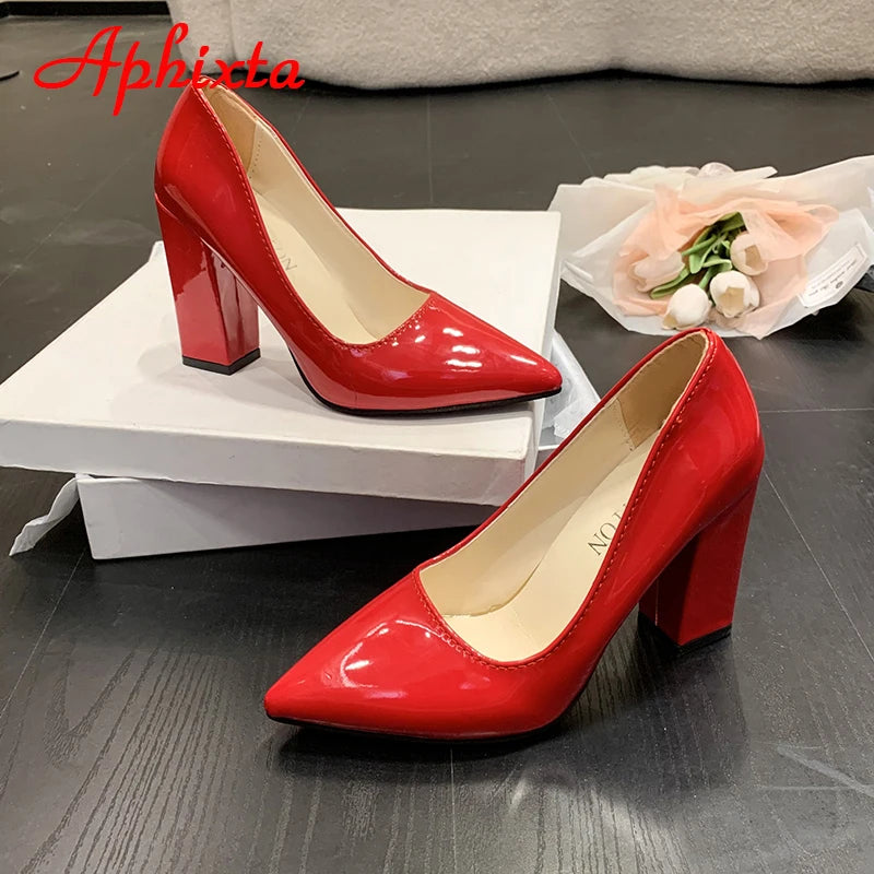 Women's Patent Leather 10cm Square Heel Shoes by Aphixta - Extended Sizes 31-50