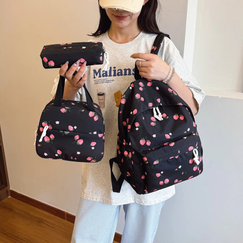 3-Piece Strawberry School Backpack Set with Lunch Box and Pencil Case