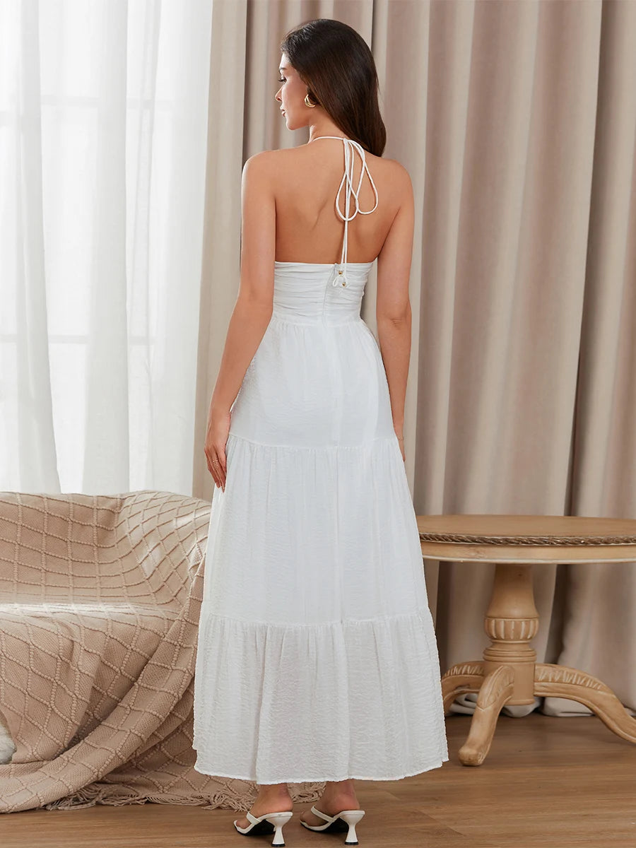 Elegant Sleeveless Maxi Dress with Halter Neckline and Backless Design Perfect for Summer Beach Parties and Casual Events - Just The Fly Way