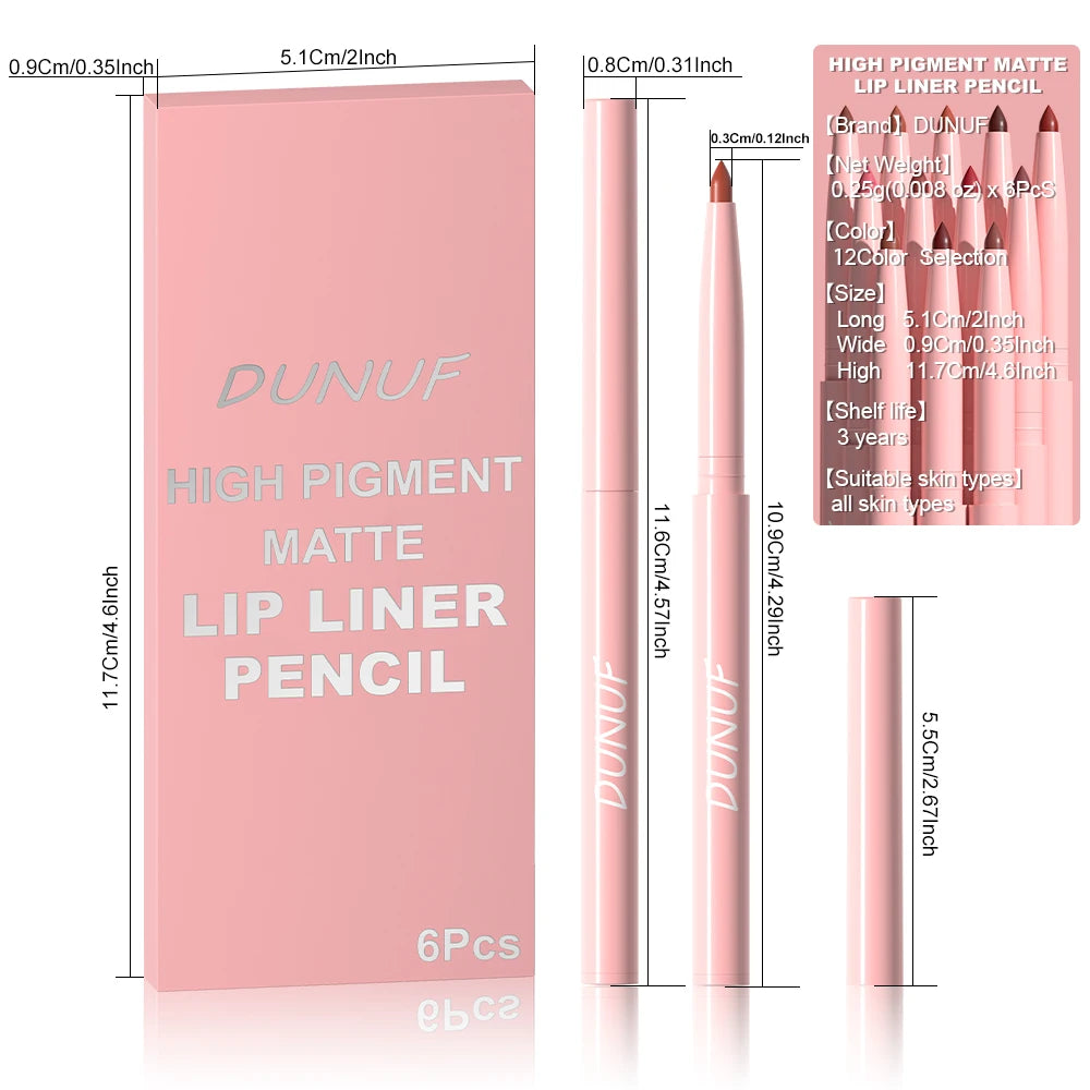 Fashionable, Bold and Beautiful Dress6pcs Lip Liner Pen Set Long-Lasting, Waterproof Sweatproof, Easy Coloring Non-fading Color Rendering Lip Gloss Set Beauty Makeup