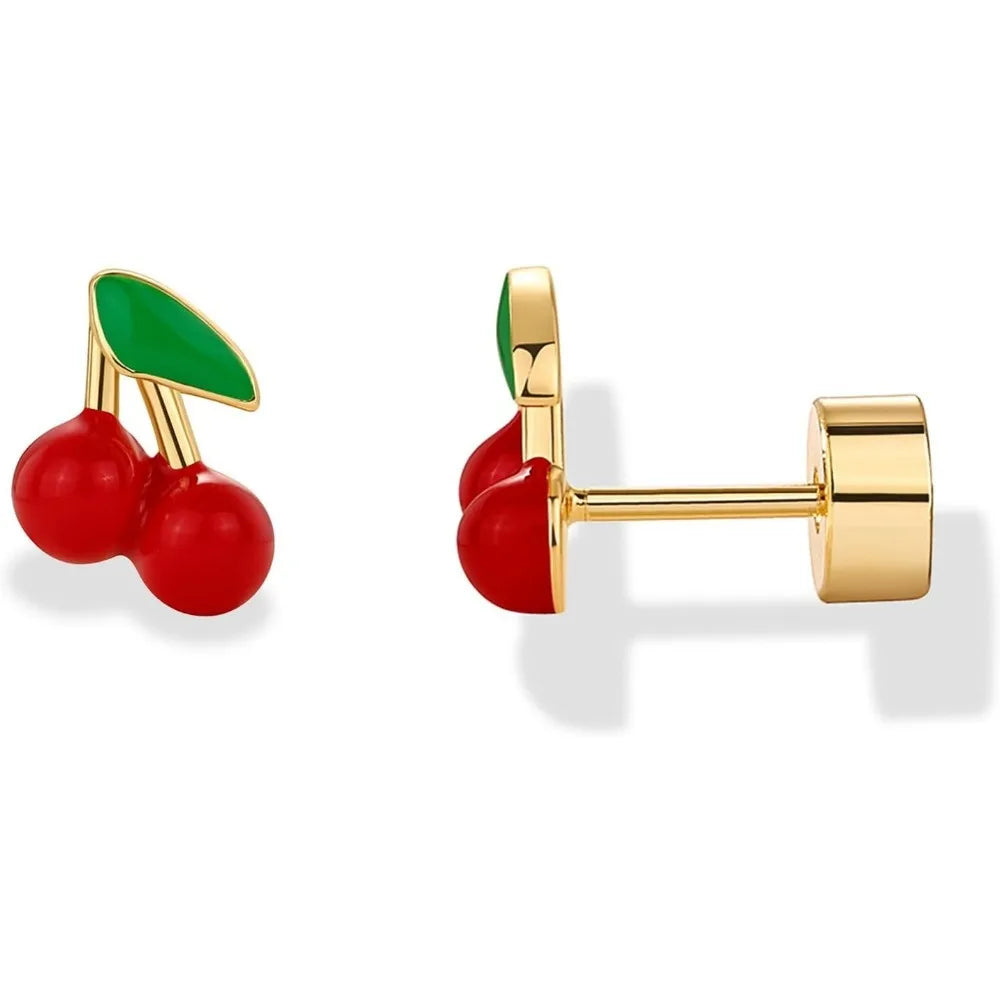14K Gold Plated Sterling Silver Posts Enamel Flatback Stud Earrings for Women - Colored Chili Pepper Strawberry Peach Cherry Emo - Just The Fly Way