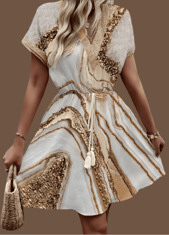 Spring/Summer Print with Bat Sleeves, Lace V-Neck, Waist Waist Large Hem, Mid Length Dress - Just The Fly Way