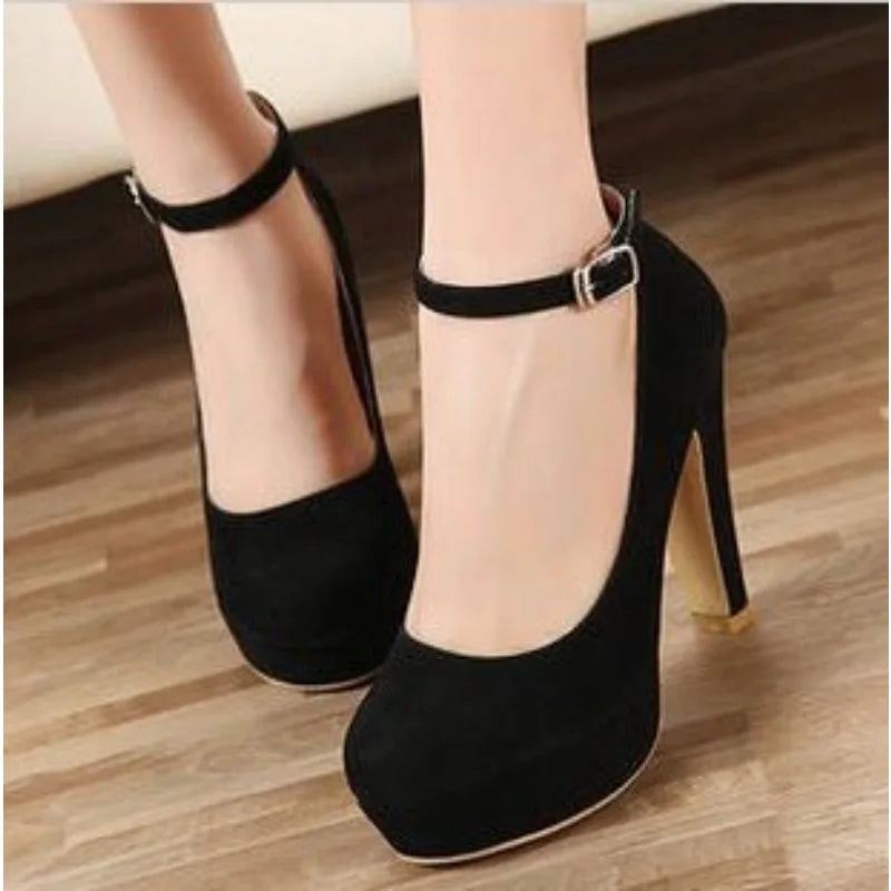 Fashionable, Bold and Beautiful DressLarge Size 42 Sexy Super High Heels Shoes for Women Ankle Buckle Chunky Platform Pumps Woman Black Flock Square Heel Party Shoes