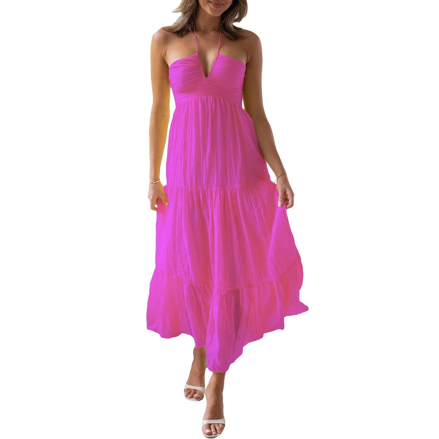 Elegant Sleeveless Maxi Dress with Halter Neckline and Backless Design Perfect for Summer Beach Parties and Casual Events - Just The Fly Way