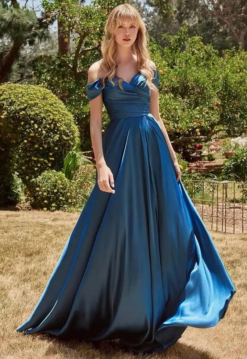 Elegant Women’s Off-the-Shoulder A-Line Evening Gown: Customized Slit Long Pleated Satin Dress