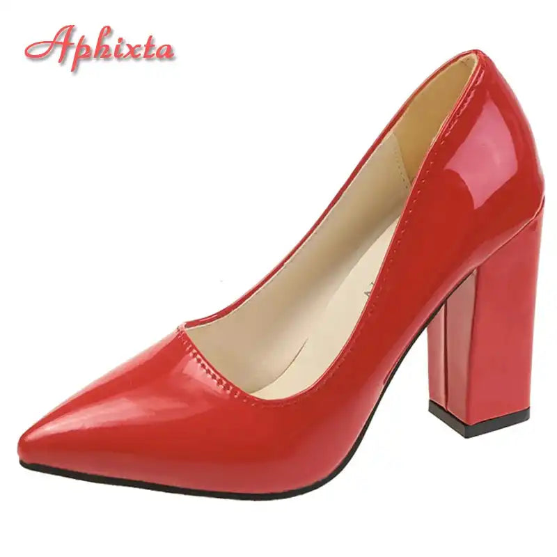 Women's Patent Leather 10cm Square Heel Shoes by Aphixta - Extended Sizes 31-50