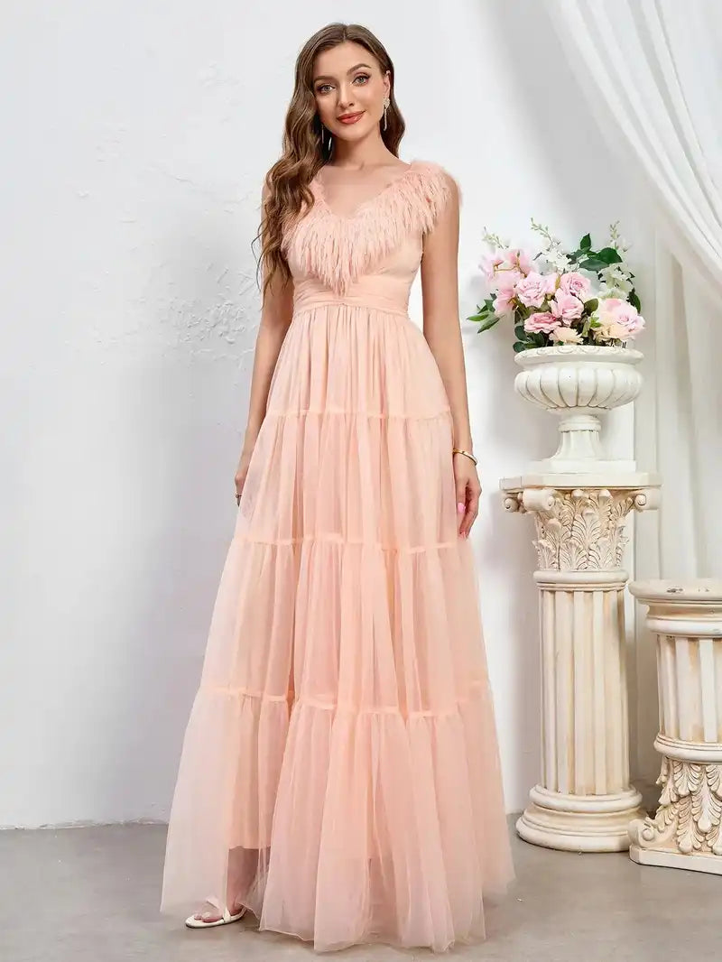 Elegant Wedding Dress Dusty Pink Ruched Backless Long Evening Party Bridesmaids Gowns Sexy Puffy Feather Sleeve Prom Dress