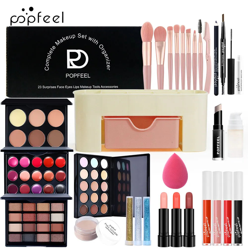 Fashionable, Bold and Beautiful DressPOPFEEL Color Makeup Cosmetic Gift Set - Eyeshadow, Foundation, and Makeup Brushes with Storage Box - Complete Makeup Collection