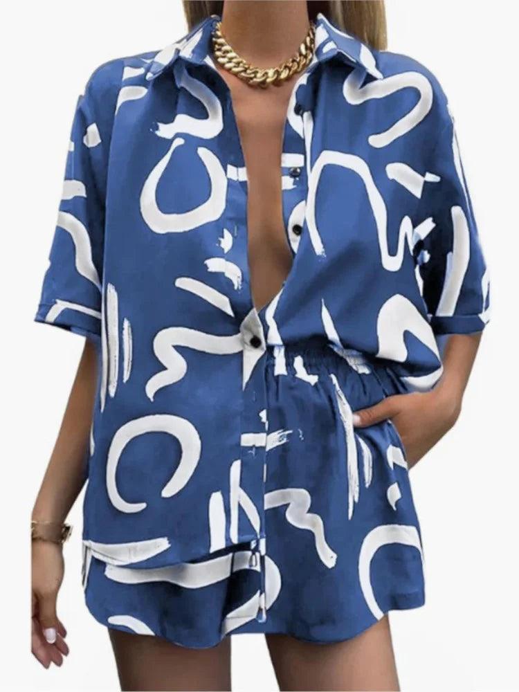 Print Two Piece Sets, Loose Fit, Turn Down Collar - Just The Fly Way