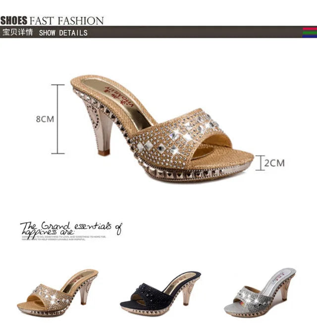 Fashionable, Bold and Beautiful DressSummer Women Sandals Rhinestone Women Shoes Sexy High Heels Shoe Ladies Sandalias Gold Silver Women Slippers Heeled Sandals Sexy