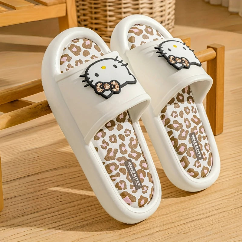 Miniso Hello Kitty Cute Leopard Print Slippers Trendy Open-Toe Slide Sandals in Chic Two-Tone Design Comfortable EVA Material