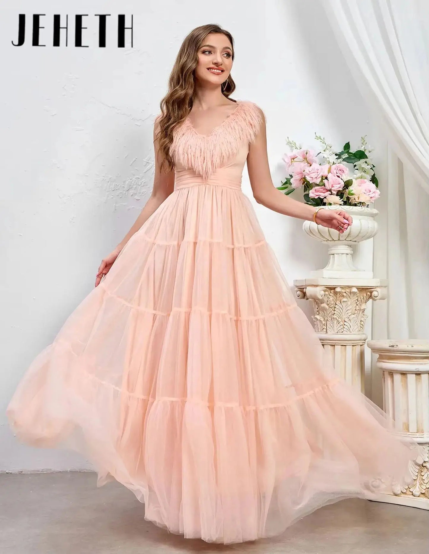 JEHETH Elegant A-Line Prom Dress Sexy Puffy Feather Sleeve Party Dress Backless Long Evening Party Bridesmaids Gowns Customized