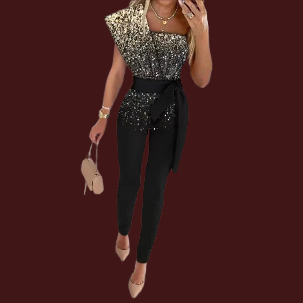 Women's Solid Color Romper, Cut-out Design, Belt Decoration, V-neck Fashion Sequin One-shoulder Bodysuit - Just The Fly Way